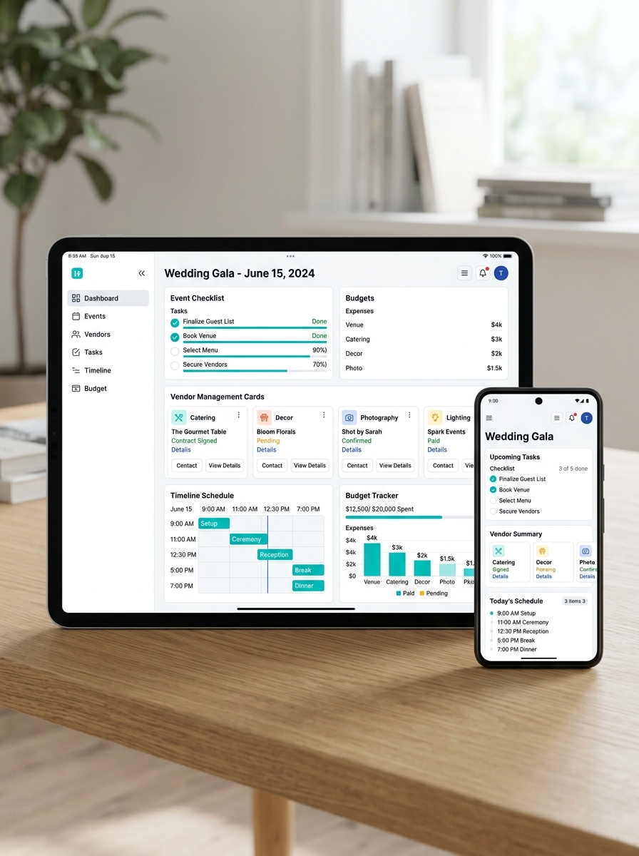 Event Planning and Vendor Coordination screen with checklist, vendor management cards, timeline schedule, and budget tracking