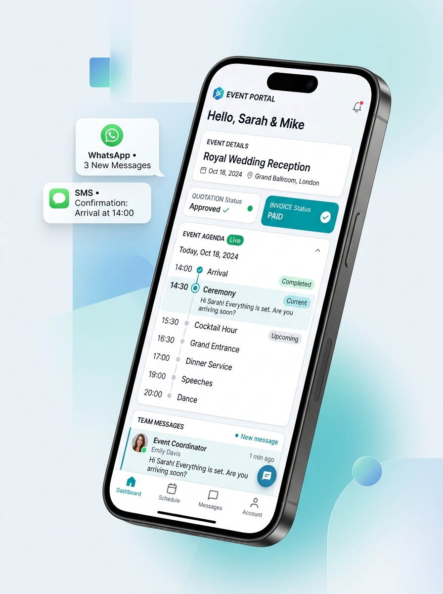 Customer portal on mobile phone showing event agenda, approved quotation, paid invoice status, and WhatsApp notifications