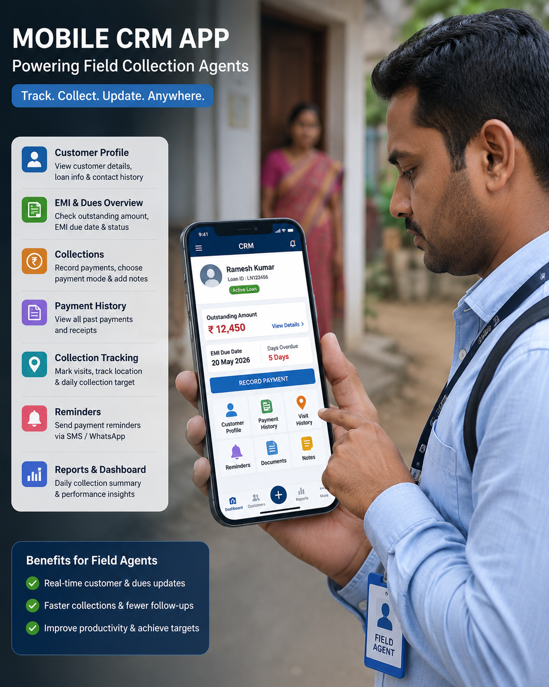 Mobile CRM app being used by a field collection agent